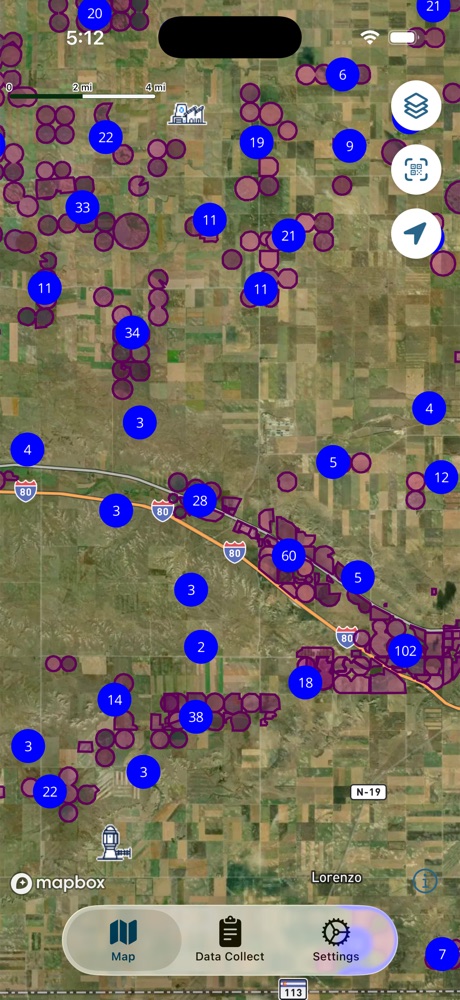 HydroData mobile app showing a map of tracts and wells