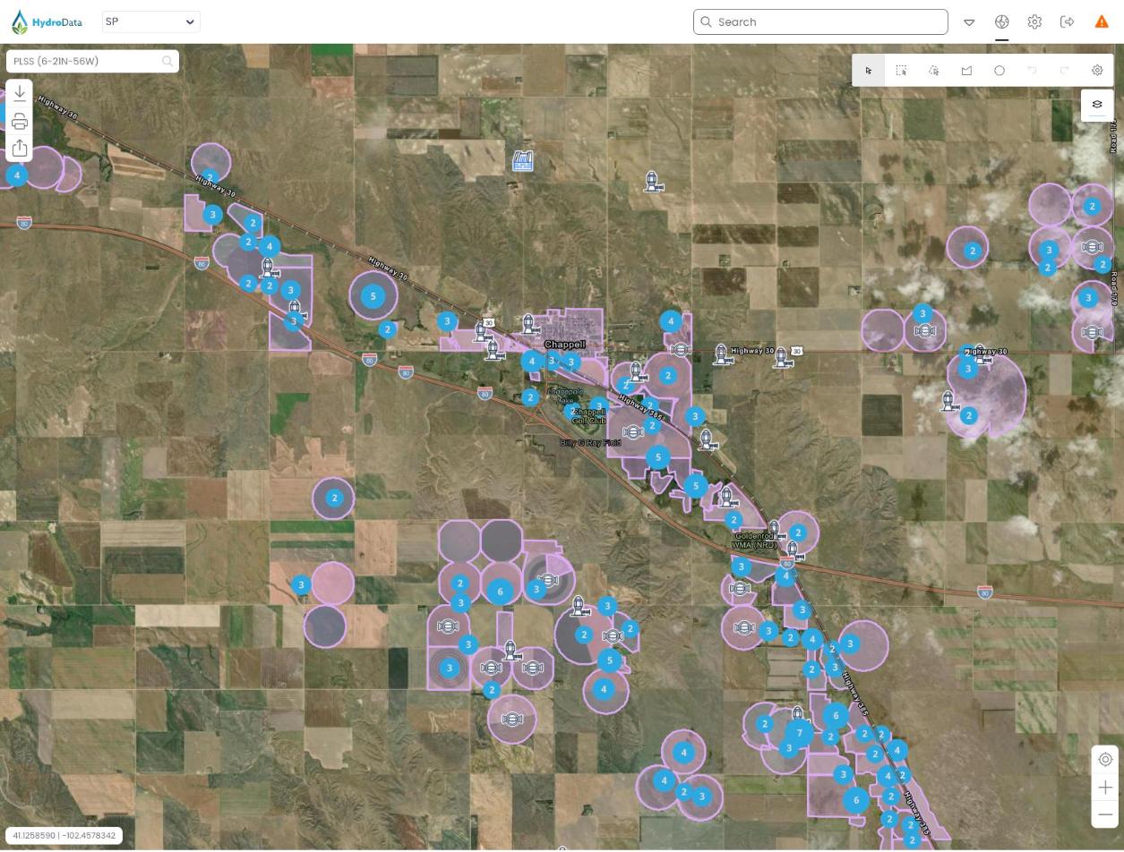 HydroData on the web: a map of tracts, wells and meters